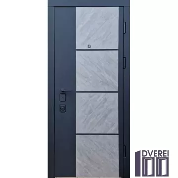 Двері вхідні Форт Нокс ТРОЯ Мотура (МДФ/МДФ) Квартира Чорний софттач + зріз каменю/білий сніг софтта